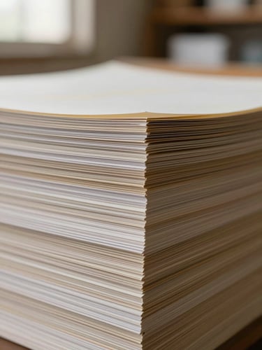 Close-up macro of a paper ream edge in a warm warehouse, stacks arranged by type visible in soft focus background, diffuse north-facing daylight revealing grain and weight of each sheet