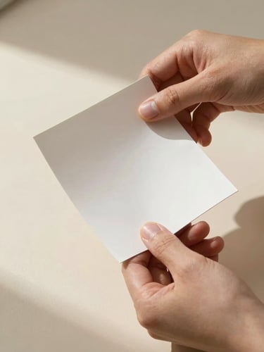 Hands holding a paper swatch at a slight angle against a warm off-white studio surface, fingers gently bending the sheet to reveal its weight and grain, diffuse daylight from the left casting a soft shadow