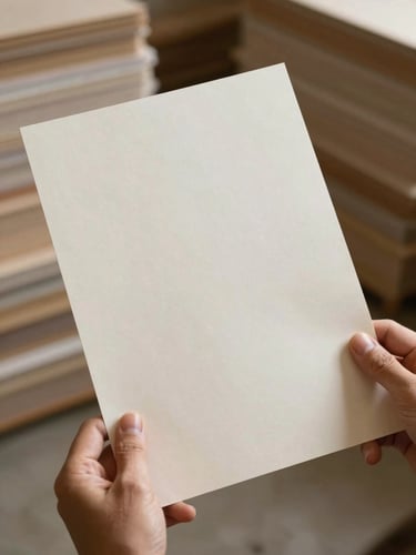 Close-up medium shot of a pair of hands holding a single sheet of uncoated paper at a slight angle, diffuse daylight from the left revealing the grain and subtle texture of the surface, warm neutral background of stacked reams out of focus behind
