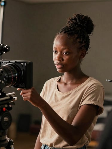 Over-the-shoulder view of an active film director guiding a young African actress on a modular set inside MerkaGuinea, dramatic high-contrast studio lighting, camera rig visible, raw production energy.