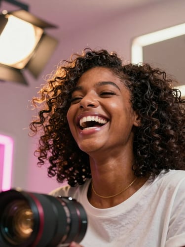 Low-angle dynamic shot of a young African actress laughing on set in a brightly lit hair salon, neon pink and yellow production lights reflecting in her hair, cinema lens visible in foreground