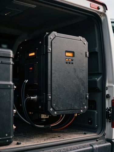 Macro shot of a ruggedized edge AI hardware enclosure bolted inside a commercial truck cabin, status LEDs glowing safety orange, visible wiring harness, matte black metal
