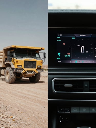 Split-screen high-contrast telemetry view: a rugged commercial mining truck on dusty roads on the left, and a luxury vehicle dashboard displaying ADAS telemetry on the right, harsh daylight.