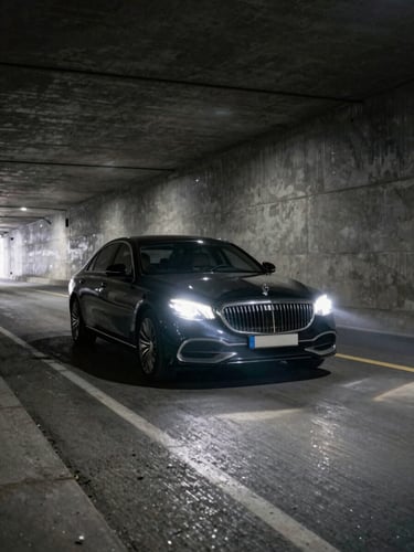 Low-angle wide shot of a luxury sedan driving through a dimly lit concrete tunnel, sharp headlight glare casting long shadows, desaturated industrial tones, telemetry overlay