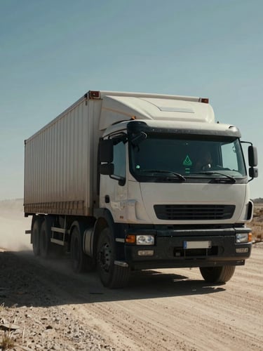 Low-angle wide shot of a heavy commercial truck driving through a dusty, unmapped rural corridor, harsh daylight, high-contrast shadows, telemetry vector overlays on windshield