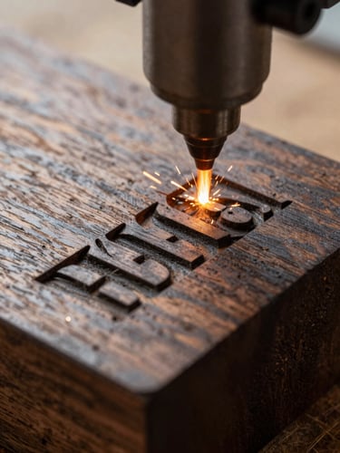 Macro close-up of a laser engraving machine beam carving fine typography onto a dark wooden block, natural workshop side-light, sparks, rich textures