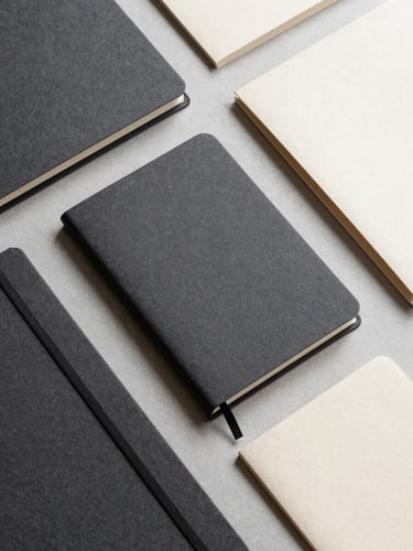 Overhead flat-lay of textured heavy-weight paper stocks, custom notebooks, and corporate folders in charcoal and cream tones, dramatic side-light emphasizing paper grain