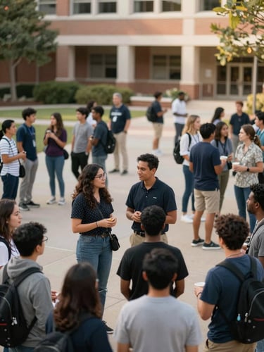 Wide shot of a diverse campus community gathering in an open courtyard, people in small clusters in conversation, soft afternoon daylight, mix of ages and backgrounds, relaxed and connected atmosphere, institutional building facade softly blurred in background