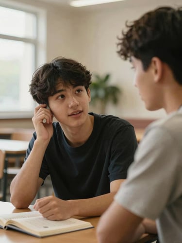 Medium close-up of two students in a warm-lit campus lounge, one listening attentively while the other speaks, soft window light from the left, books and a plant visible in the background, genuine expression of attention and care, no devices