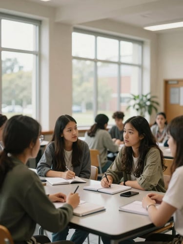 Wide medium shot of a diverse group of students gathered around a low table in a bright campus common area, soft natural daylight from tall windows, genuine mid-conversation expressions, notebooks and phones on the table, warm institutional interior