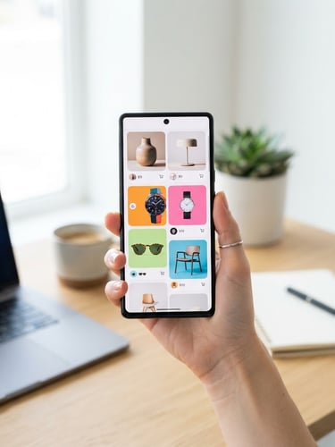 Clean tech photography of a hand holding a modern smartphone displaying a fast-loading digital catalog, bright crisp studio light, minimalist workspace background, 50mm