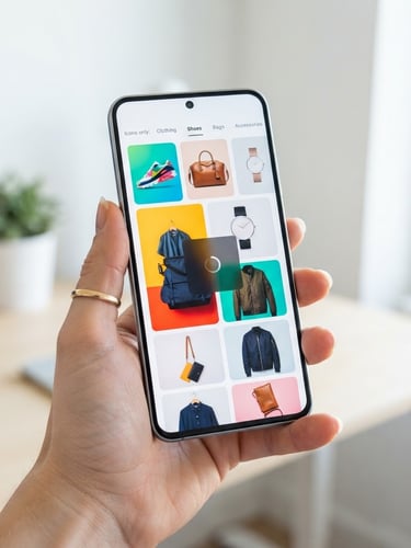 Clean high-contrast mockup of a mobile screen showing a fast-loading digital catalog, held by a hand in a bright minimalist studio setup, 50mm