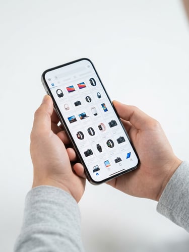 Clean tech mockup of a premium smartphone held in hand, displaying a fast-loading digital catalog with crisp typography, bright studio lighting, white background, 50mm