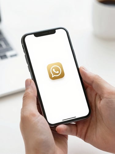 Hands holding a smartphone displaying a clean digital catalog with a prominent gold WhatsApp button, bright studio lighting, sharp focus, 50mm