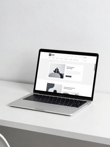 Modern minimalist workspace with a laptop displaying a clean website layout, bright crisp studio light, sharp focus, 50mm