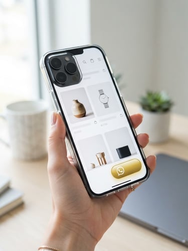 Close-up shot of a modern smartphone in hand displaying a clean digital product catalog with a prominent gold WhatsApp button, bright studio lighting, minimalist workspace background