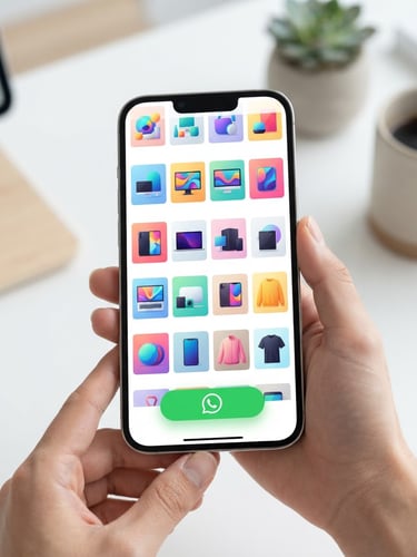 Clean mobile screen mockup showing a fast-loading digital catalog with a prominent WhatsApp button, bright studio lighting, 50mm