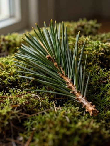 Detailed macro shot of fresh noble fir needles and textured green reindeer moss, with a dry exotic palm spear, soft directional window light, rich organic textures