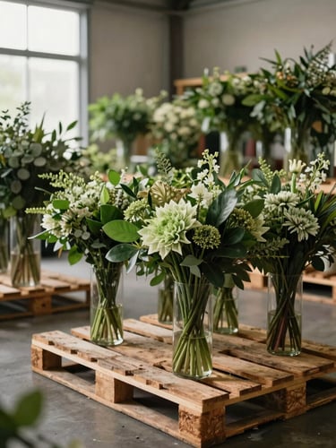 Wide-angle editorial shot of organized wooden pallets loaded with premium green floral arrangements in a clean, modern warehouse, soft natural light, professional logistics