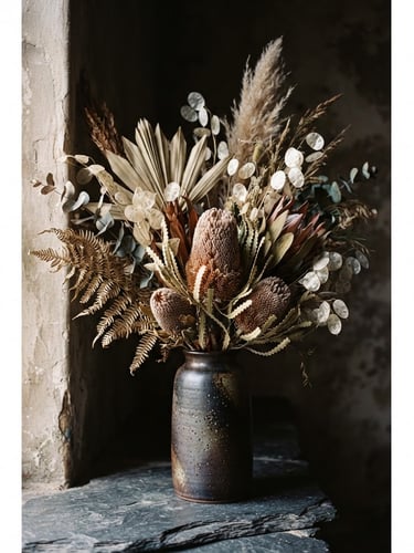 Tall portrait of exotic dried botanicals including banksia and palm spears arranged on a dark stone surface, soft side lighting, deep shadows, 35mm lens