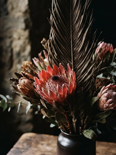 Close-up of raw exotic protea and palm spear, warm editorial photography, soft natural window light, rich earthy tones, deep shadows