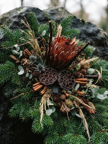 Close-up of premium Grabschmuck arrangement on dark stone, fresh green noble fir branches mixed with dried exotic protea and lotus pods, soft natural daylight, deep shadows, professional editorial photography
