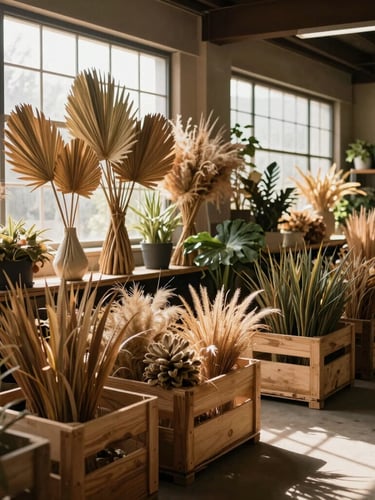 Wide-angle editorial shot of a clean, organized wholesale botanical warehouse, wooden crates filled with dried palms and exotic grasses, soft natural light streaming from high windows, deep shadows.