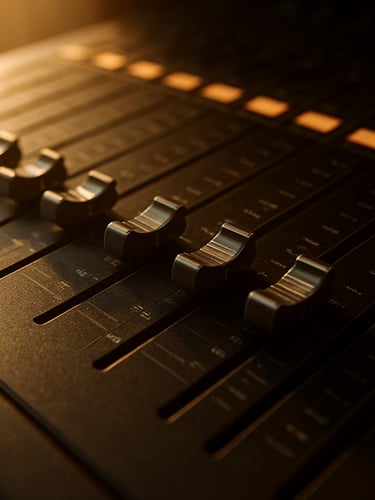 Extreme close-up of a professional mixing board fader bank from the right side, warm golden hour light streaming through a studio window to the left, smooth metal and backlit channel labels in sharp focus, deep shadow falling off to the right edge — no people, no text