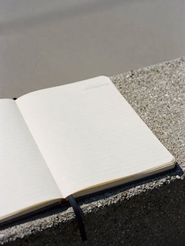 Gritty documentary photography, natural high-contrast daylight, raw desaturated tones, 35mm film grain, editorial style. Close-up of a vintage field notebook resting on a concrete ledge in harsh midday sun, shadows cutting across the page.