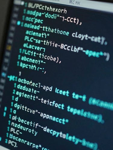 Extreme close-up of an industrial programming terminal screen displaying structured text PLC code, glowing electric cyan characters on a dark background, selective focus on a line of logic, moody low-key lighting.