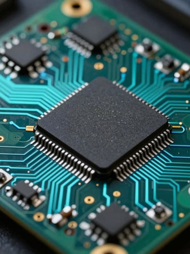 Extreme macro shot of a complex industrial printed circuit board, glowing cyan traces, sharp focus on a microchip with clean solder joints, dark background