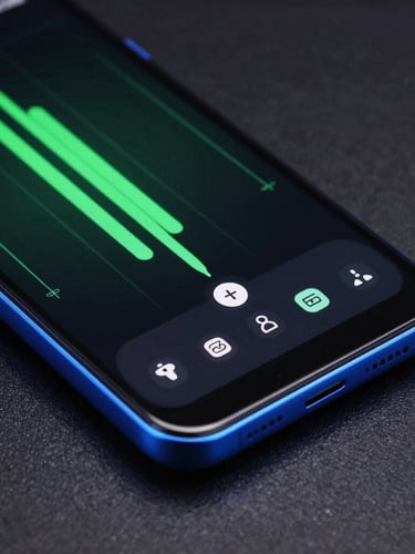 Sleek tech product photography of a modern Android phone displaying a fluid, dark-mode system dashboard with vibrant green telemetry lines, low-key studio lighting with electric blue rim lights, macro lens, sharp focus