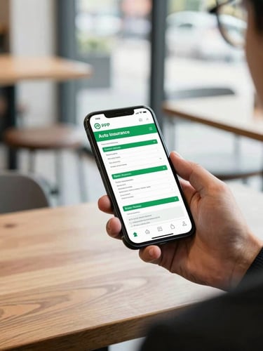 Over-the-shoulder shot of a broker in a clean, modern coffee shop holding a smartphone, displaying a beautifully formatted PDF auto insurance quote with green accents, bright natural daylight.