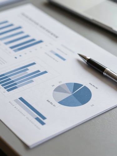 Close-up of structured business documents, financial charts, and a sleek pen on a slate gray desk, clean corporate daylight, sharp focus, 35mm
