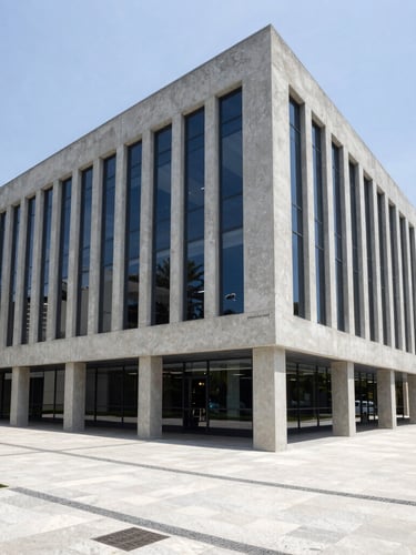 Wide architectural view of a bright, modern corporate office in São Paulo, structured concrete lines, natural daylight, cool slate and navy tones, 35mm