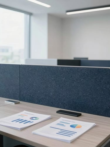 Bright modern office with clean architectural lines, structured workspace with documents and charts, natural daylight, cool slate and navy tones, sharp focus, 35mm