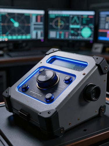 Close-up macro shot of a ruggedized weapon control panel, engineers analyzing telemetry data on multi-screen consoles in a blurred dark background, cold metallic tones, dramatic blue rim light
