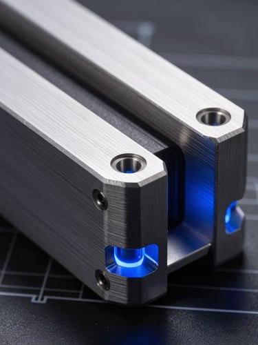 Close-up of a CNC-milled aluminum tactical enclosure, industrial design, sharp blue accent light reflecting off metallic edges, blueprint schematic lines visible in background.