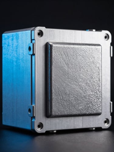 Sharp industrial photography of a ruggedized aluminum control enclosure with visible electromagnetic shielding, low-key studio lighting with cold blue rim light, macro lens focus on metallic textures