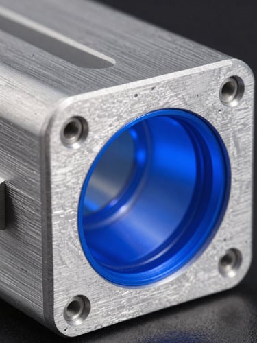 Macro shot of a CNC-milled aluminum military enclosure, sharp blue rim lighting, metallic textures, high-precision defense hardware, sharp industrial photography