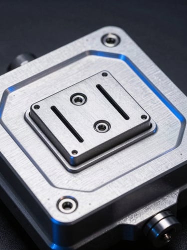 Macro shot of a ruggedized CNC-milled aluminum military control enclosure, dramatic low-key studio lighting with sharp blue rim light, technical precision