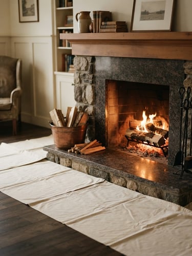 Warm, clean New England hearth with a fire glowing softly, protective drop cloths neatly laid out on the floor, soft indoor lighting, 35mm, shallow depth of field. Subject is off-center to the right.