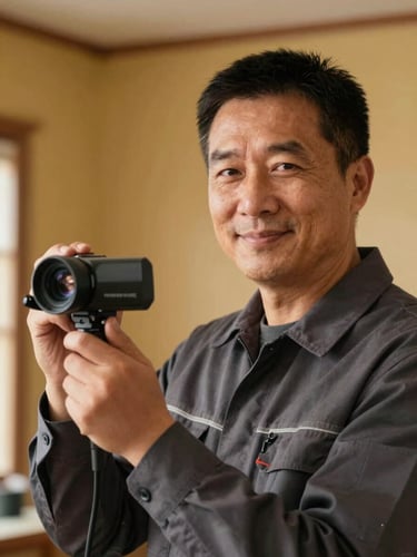 Portrait of a certified chimney technician, mid-30s, clean uniform, holding a video inspection camera, looking towards the camera with a friendly, trustworthy expression, warm indoor light, shallow depth of field, 35mm