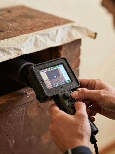 Close-up of a technician's hands operating a video flue inspection camera, the screen showing the interior of a chimney, protective drop cloths neatly laid out in the background, warm natural light, technical precision, 35mm