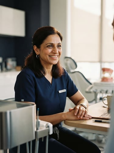 A close-up portrait of Dr. Shobha Nangrani in a softly lit, minimalist dental consultation room, warm natural window light, shallow depth of field, 35mm
