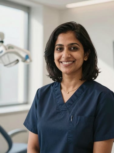 Professional portrait of Dr. Shobha Nangrani in a modern, sunlit dental office, warm lighting, smiling naturally, wearing professional attire, shallow depth of field