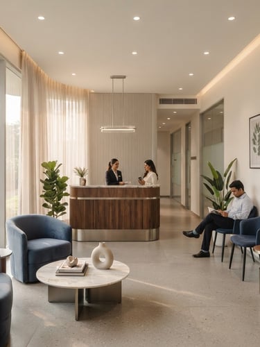 Architectural view of a minimalist luxury dental clinic lobby in Whitefield, soft warm lighting, clean lines, muted navy accents, premium editorial style