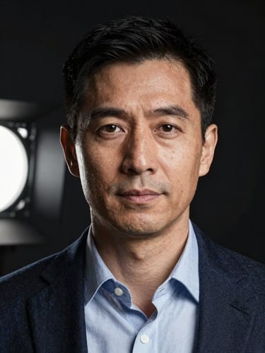 Studio portrait, tight shoulders-up framing, man in business casual against a near-black background, direct eye contact with camera, sharp studio lighting from the left, no softness, high contrast, authoritative expression