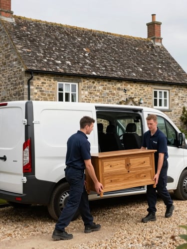 Wide shot of a clean transport van parked on a gravel driveway in front of a traditional Norfolk flint cottage, two uniformed crew members in navy polo shirts carefully carrying a wrapped oak dresser in natural daylight.