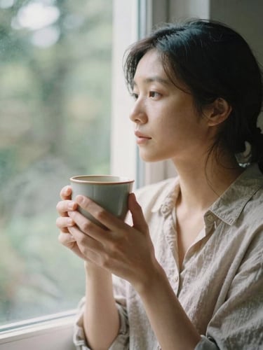 Intimate editorial portrait of a mother sitting by a window with soft morning light, holding a warm ceramic mug, shallow depth of field, 35mm film